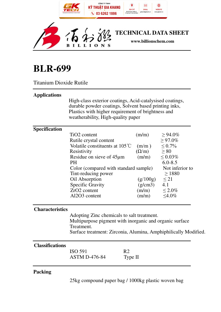 BLR-699 Titanium Dioxide Rutile TDS